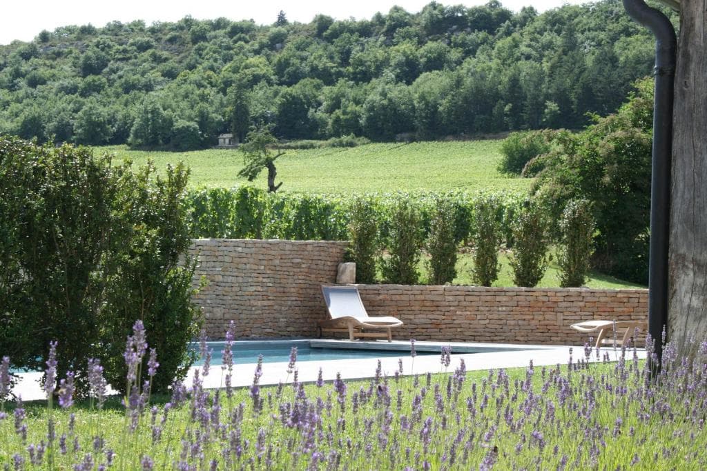 A pool set behind a low stone wall with lavender in the foreground and a wooded vineyard slope rising behind it