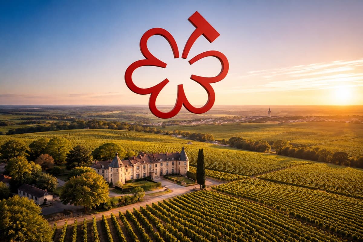 Ilustracion: la marca roja de MICHELIN sobre un chateau y sus vinedos en el campo frances al atardecer